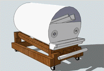 Original Garden Pool 3D animation showing the barrel, wooden frame, casters and rain gutter of the black soldier fly composter