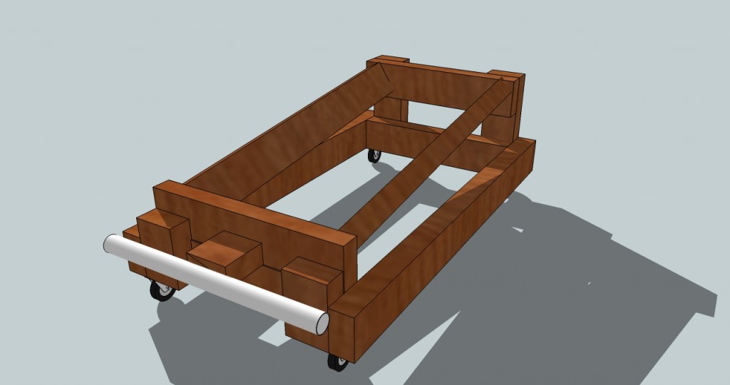Original Garden Pool illustration showing a length of PVC pipe fitted across the wooden base