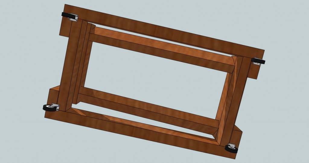 Original Garden Pool illustration showing four swivel caster wheels attached to the underside of the wooden frame