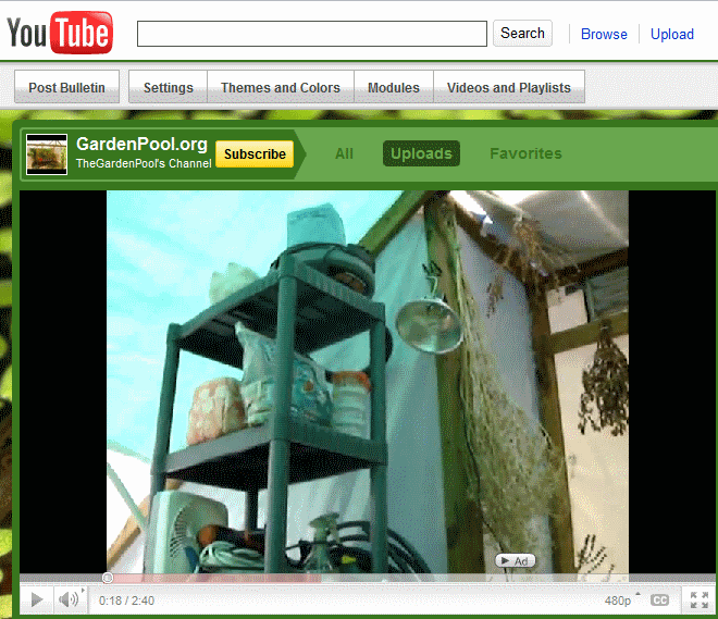 Screenshot from Garden Pool's first YouTube video showing the plastic four-tier Plano bookshelf used for the original Shelfponics build
